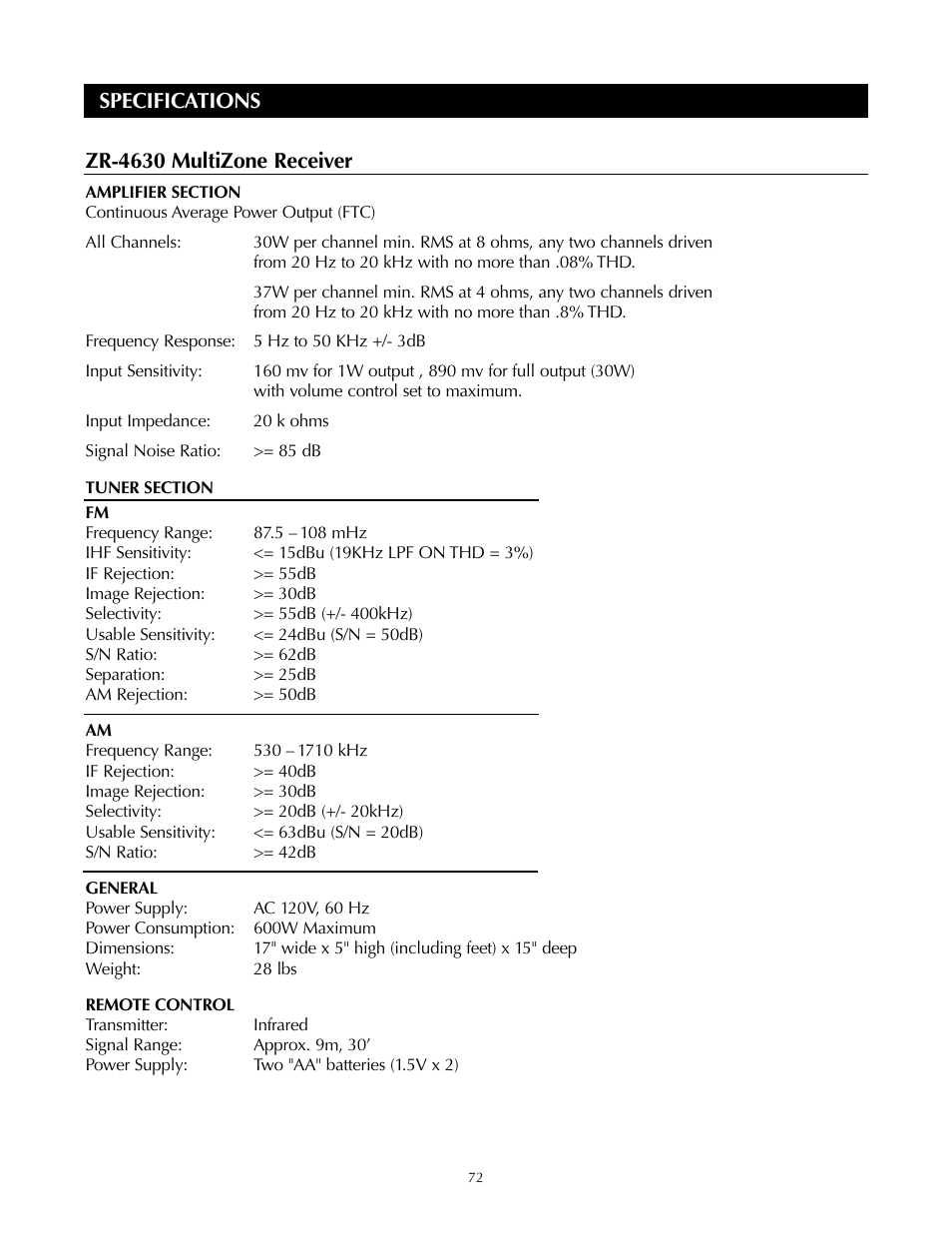 Specifications zr-4630 multizone receiver | Niles Audio ZR-4630s User Manual | Page 80 / 82