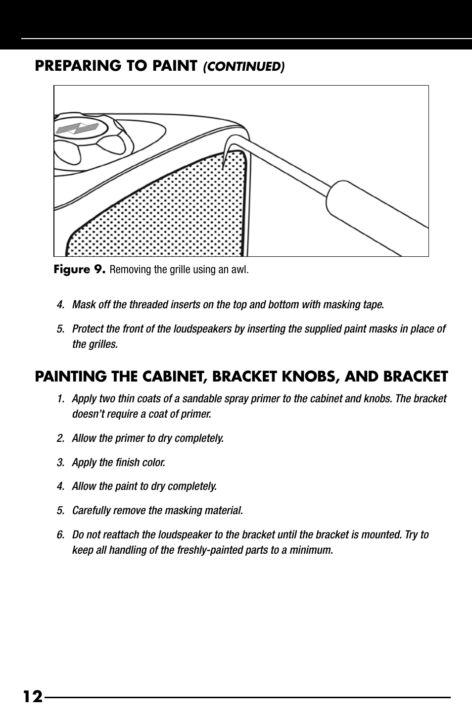 Painting the cabinet, bracket knobs, and bracket, Preparing to paint | Niles Audio OS7.3 User Manual | Page 14 / 24