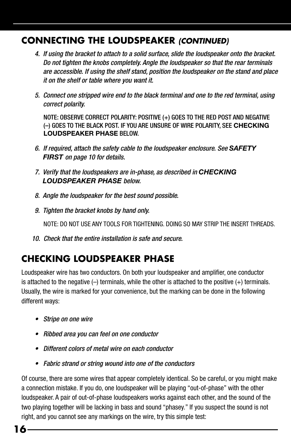 Connecting the loudspeaker, Checking loudspeaker phase | Niles Audio OS7.3 User Manual | Page 18 / 24