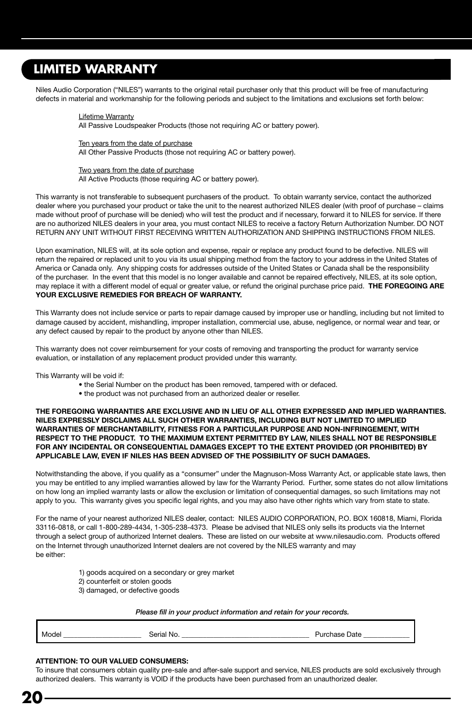 Limited warranty | Niles Audio OS7.3 User Manual | Page 22 / 24