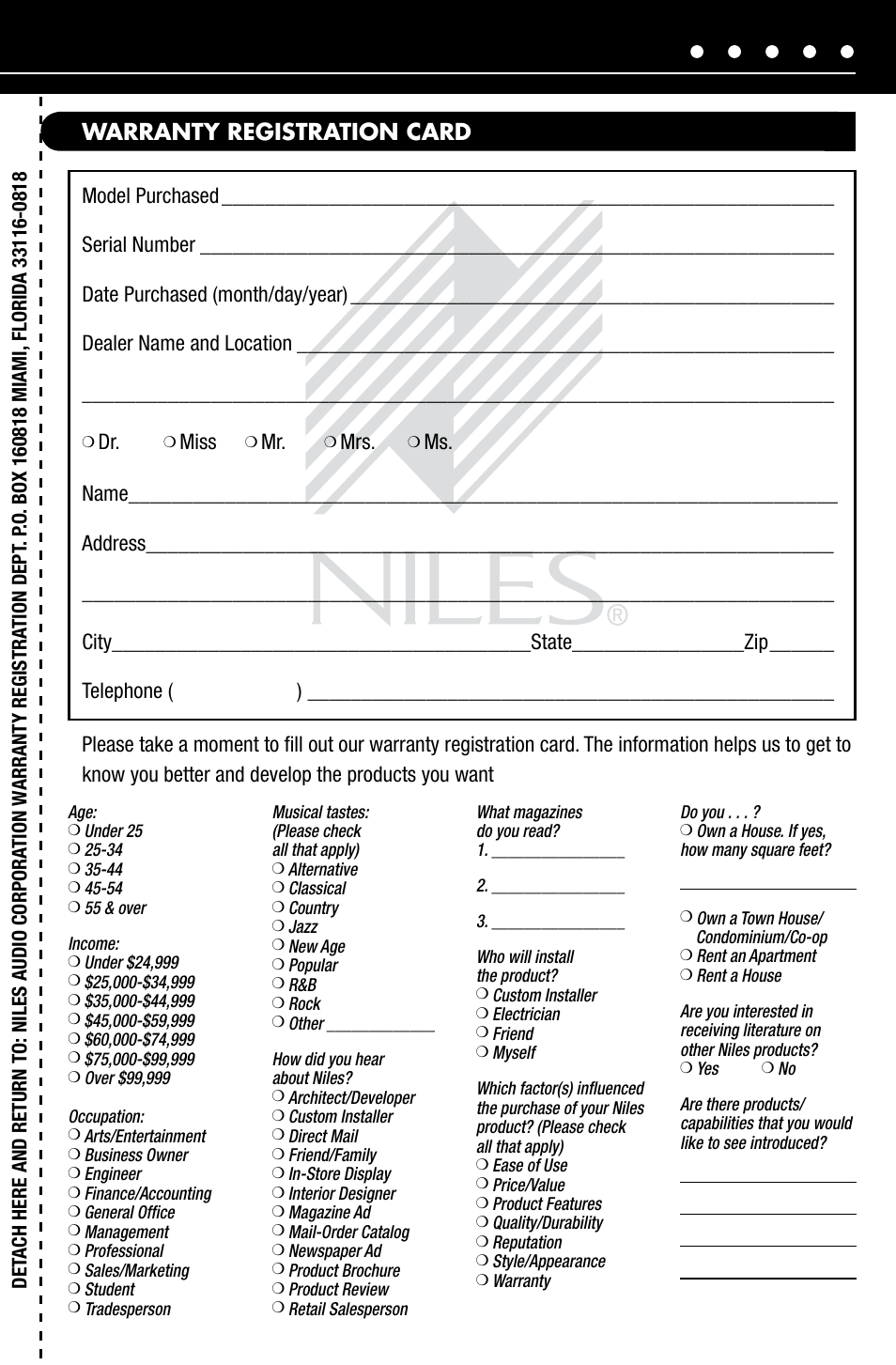 Warranty registration card | Niles Audio OS7.3 User Manual | Page 23 / 24