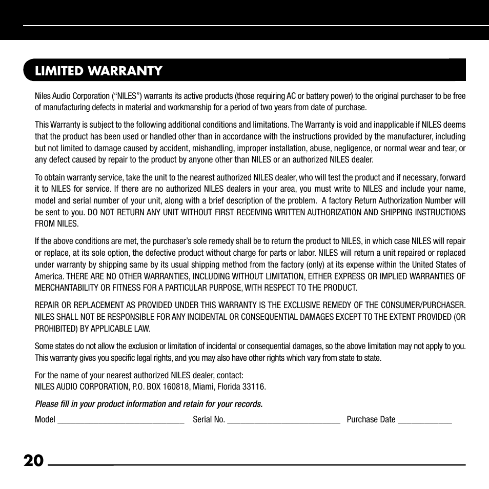 Limited warranty | Niles Audio RCA-HT User Manual | Page 22 / 24