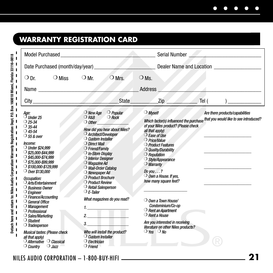 Warranty registration card, Niles audio corporation – 1-800-buy-hifi | Niles Audio RCA-HT User Manual | Page 23 / 24