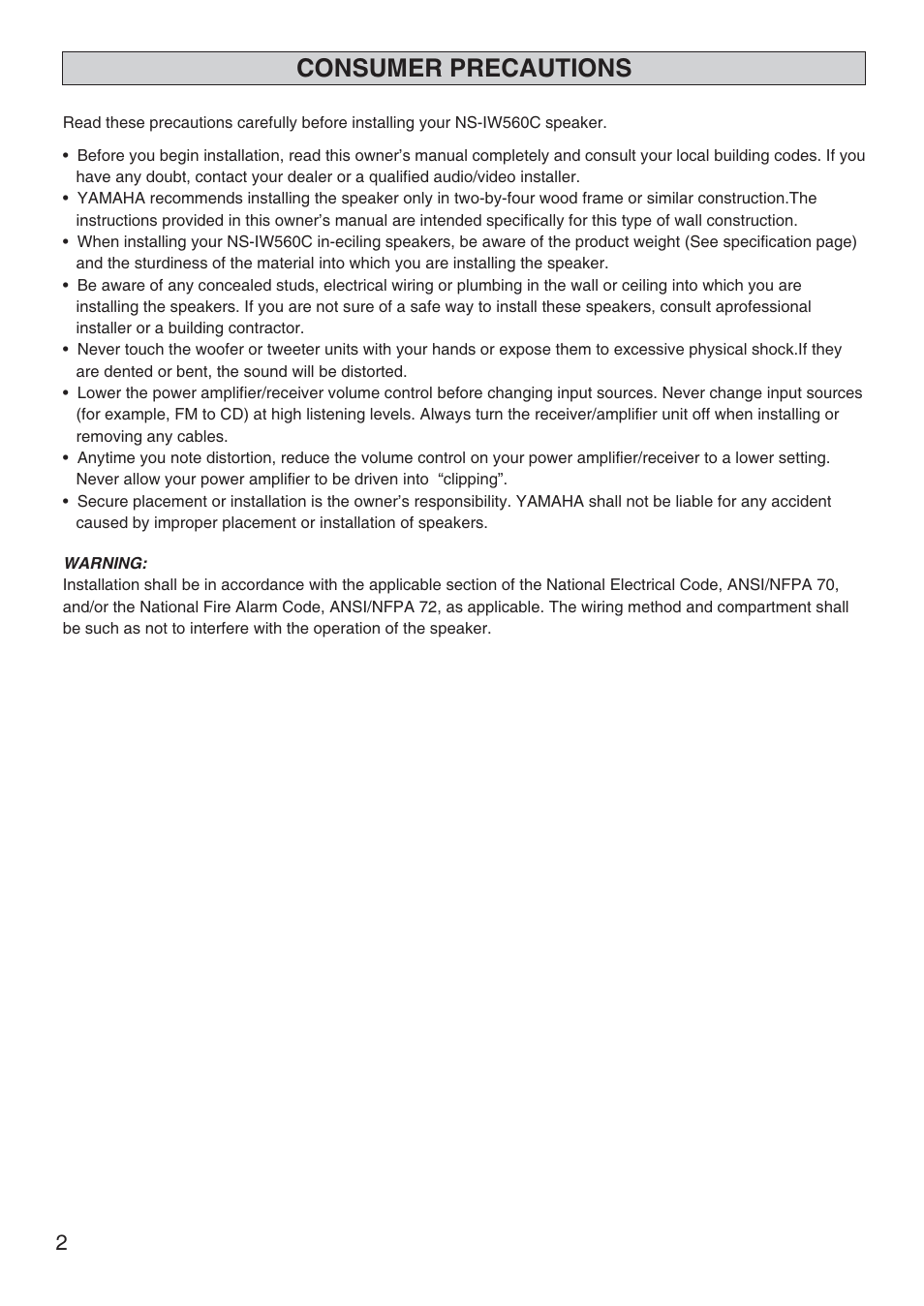 Consumer precautions | Niles Audio NS-IW560C User Manual | Page 2 / 8