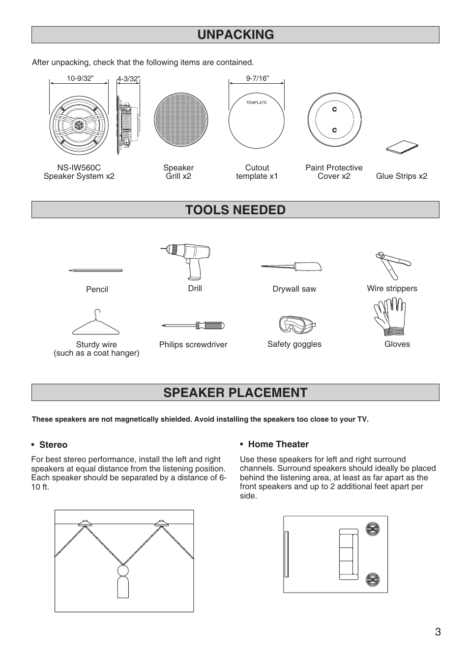 Unpacking, Speaker placement tools needed, Stereo | Home theater | Niles Audio NS-IW560C User Manual | Page 3 / 8