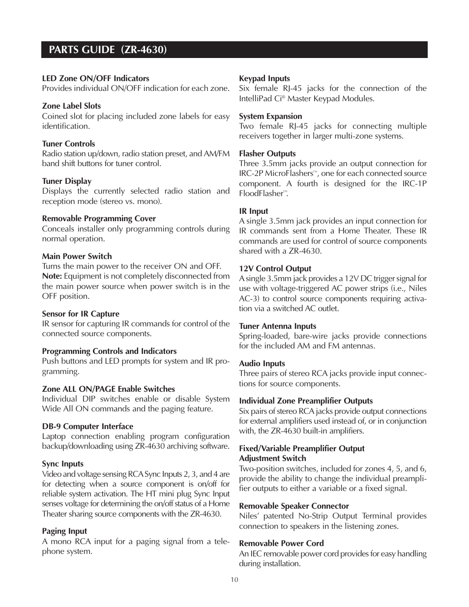 Parts guide (zr-4630) | Niles Audio Niles ZR-4630 User Manual | Page 10 / 82