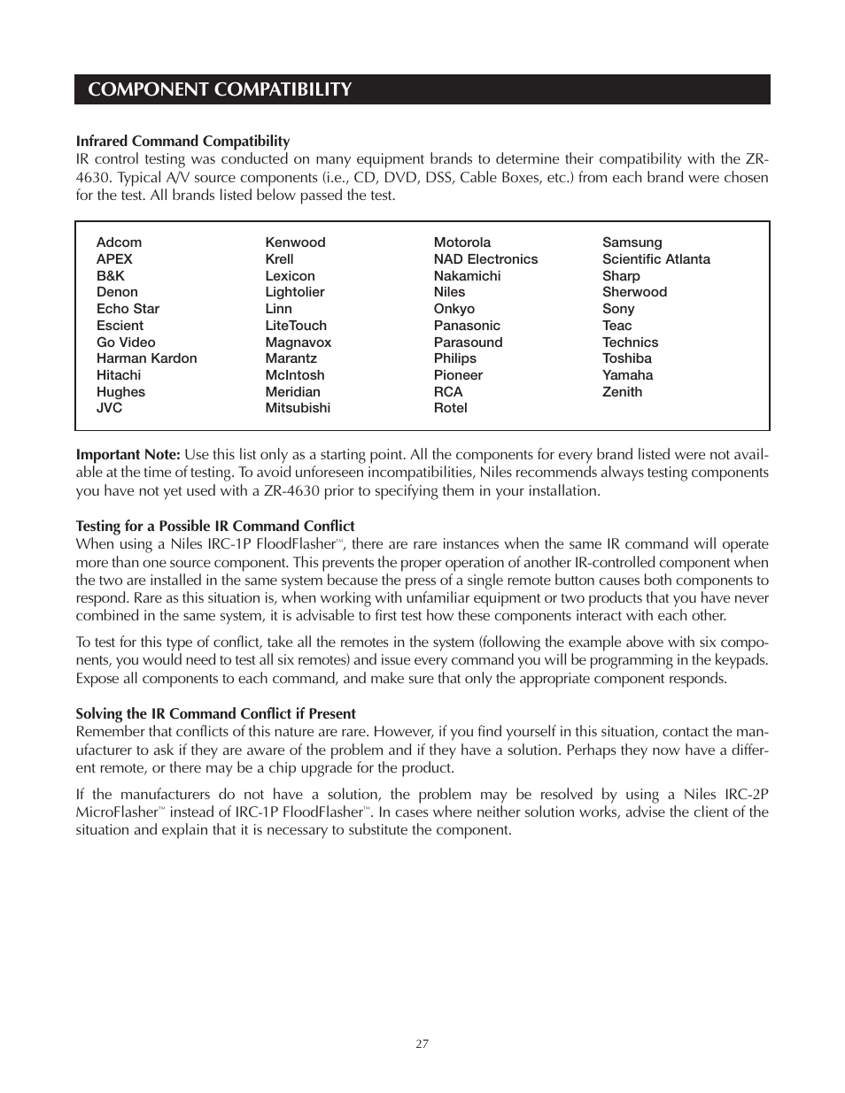 Component compatibility | Niles Audio Niles ZR-4630 User Manual | Page 27 / 82