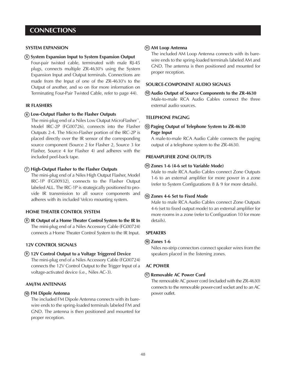 Connections | Niles Audio Niles ZR-4630 User Manual | Page 48 / 82