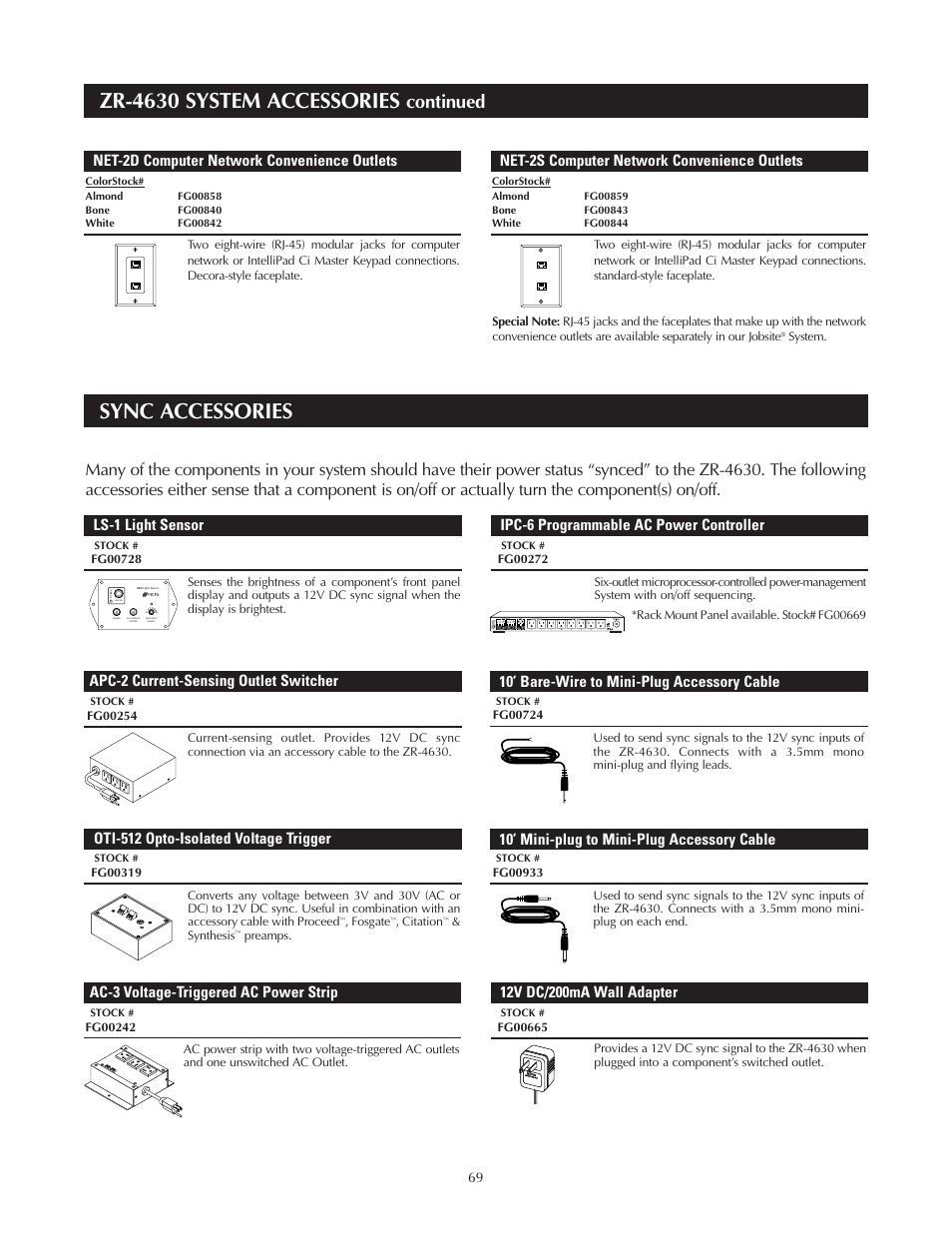 Sync accessories, Zr-4630 system accessories, Continued | Oti-512 opto-isolated voltage trigger, 10’ mini-plug to mini-plug accessory cable, 10’ bare-wire to mini-plug accessory cable, Net-2d computer network convenience outlets, Net-2s computer network convenience outlets, Max min | Niles Audio Niles ZR-4630 User Manual | Page 77 / 82