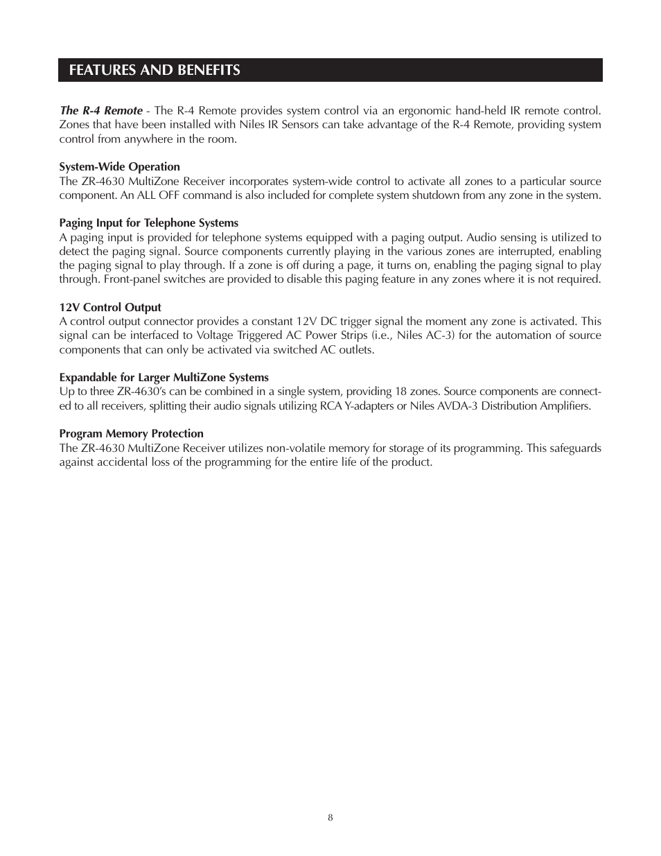 Features and benefits | Niles Audio Niles ZR-4630 User Manual | Page 8 / 82
