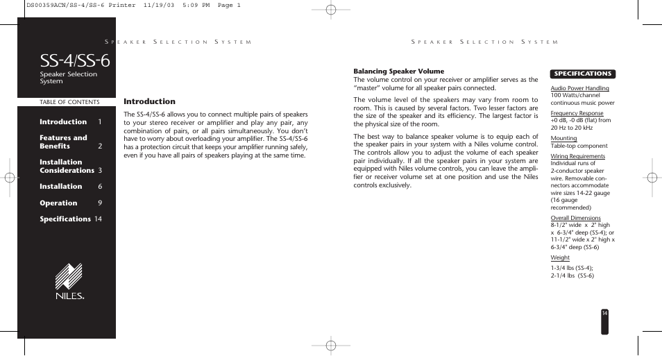 Ss-4/ss-6, Introduction | Niles Audio SS-4 User Manual | Page 2 / 8