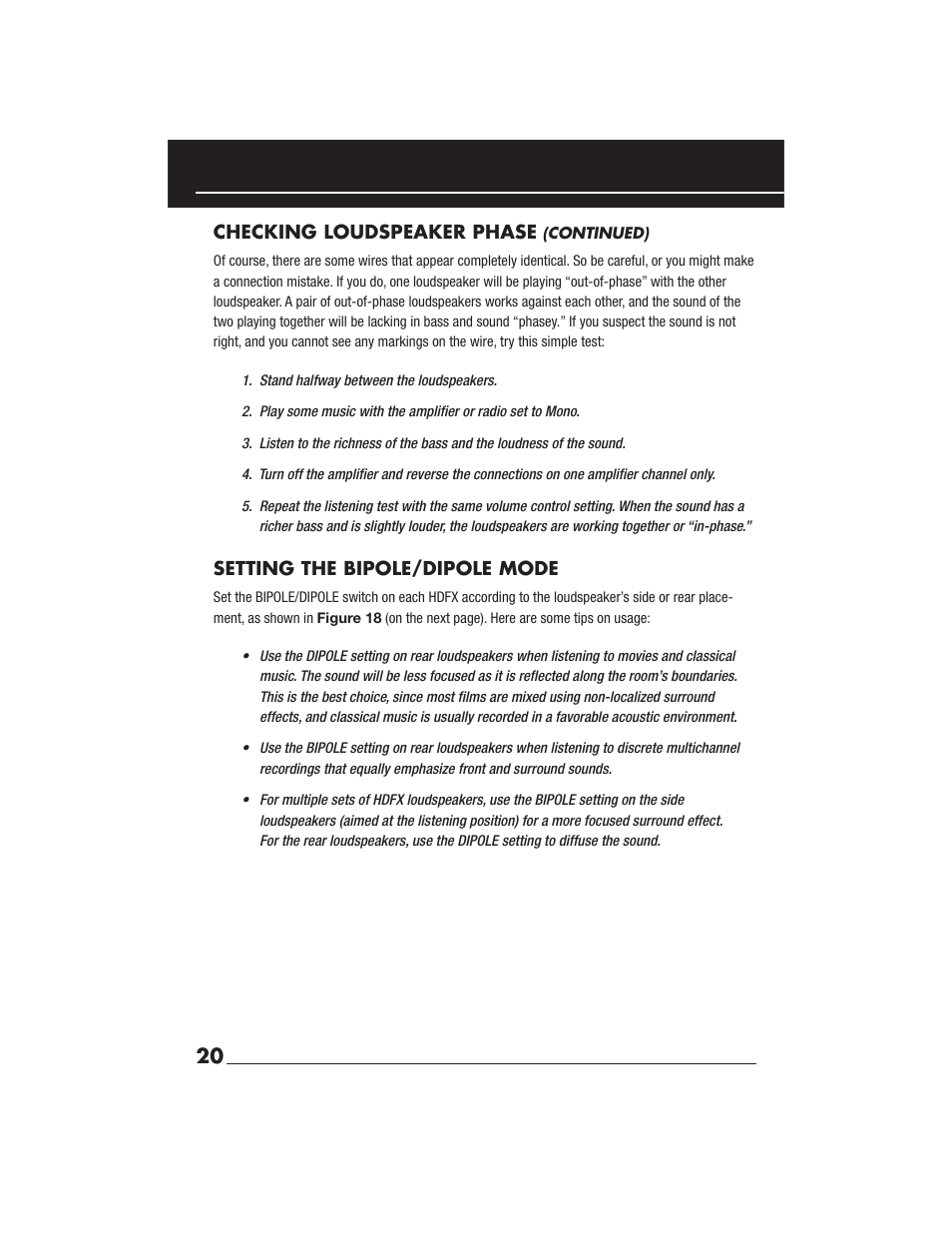 Checking loudspeaker phase, Setting the bipole/dipole mode | Niles Audio Niles HDFX User Manual | Page 22 / 28