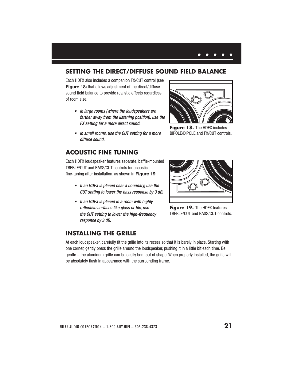 Setting the direct/diffuse sound field balance, Acoustic fine tuning, Installing the grille | Niles Audio Niles HDFX User Manual | Page 23 / 28