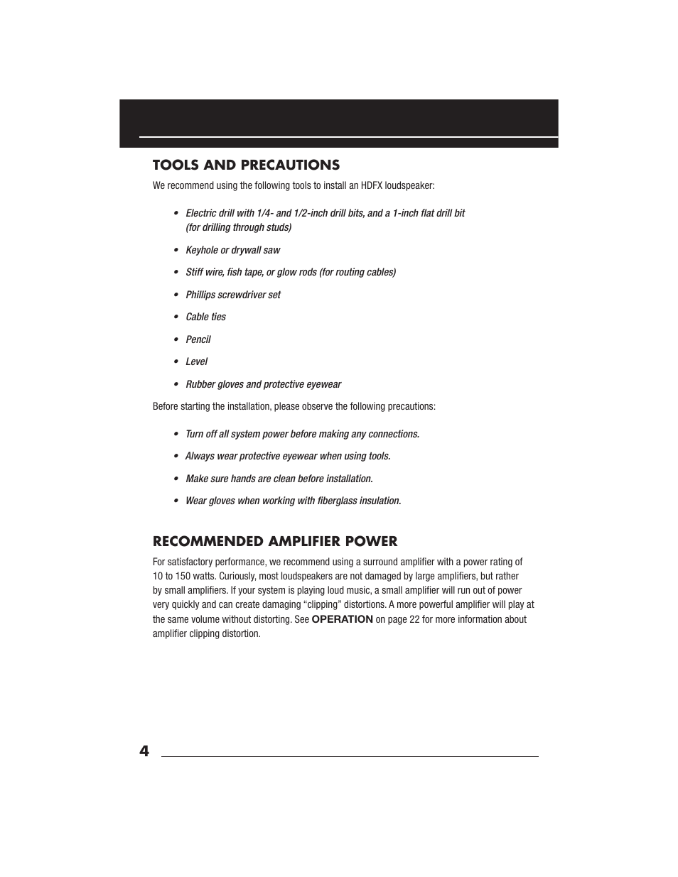 Tools and precautions, Recommended amplifier power | Niles Audio Niles HDFX User Manual | Page 6 / 28