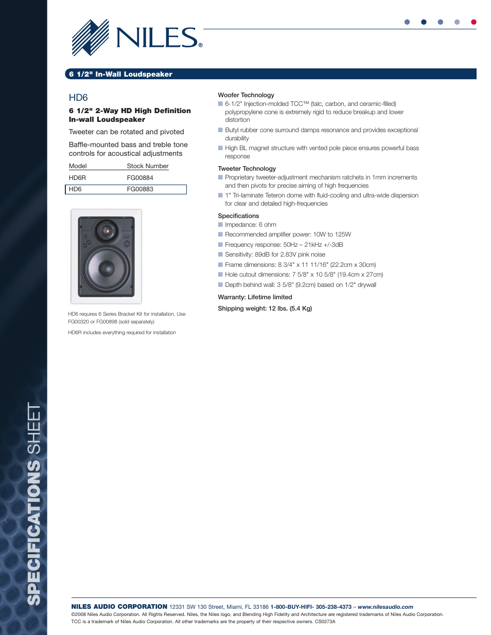 Specifica tions sheet | Niles Audio HD6 User Manual | Page 2 / 2