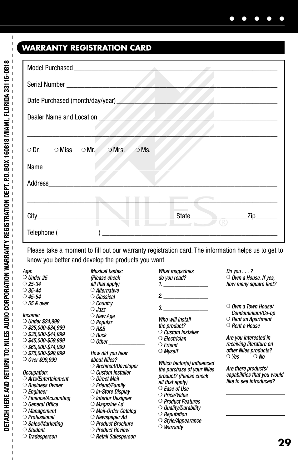 Warranty registration card, Miss | Niles Audio iC2 User Manual | Page 31 / 32
