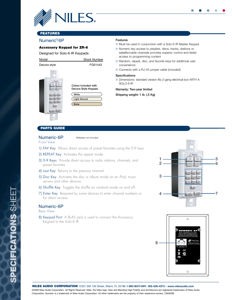 Specifica tions sheet, Numeric-6p, Numeric | Niles Audio 6P User Manual | Page 2 / 2