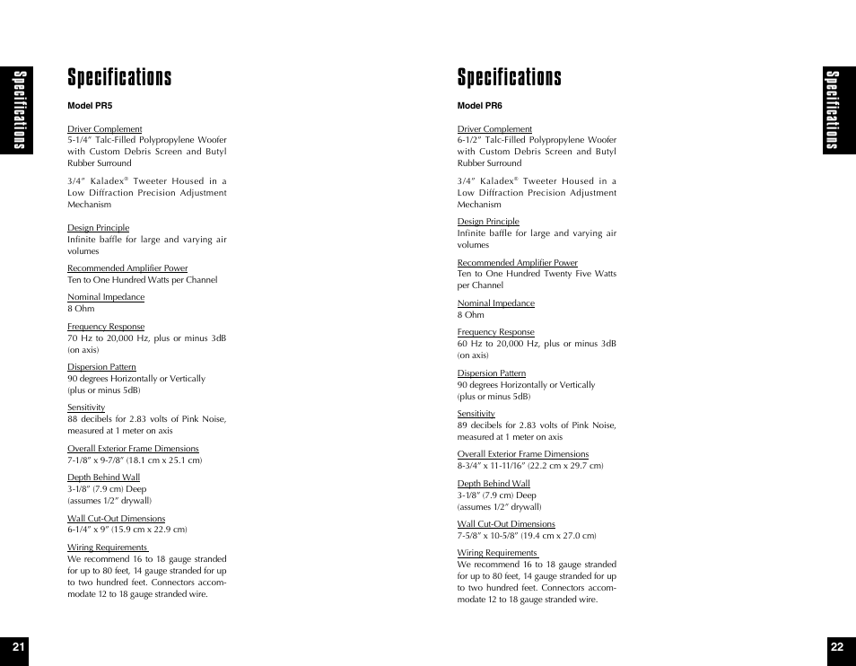 Specifications | Niles Audio PERFORMANCE PR6 User Manual | Page 12 / 13
