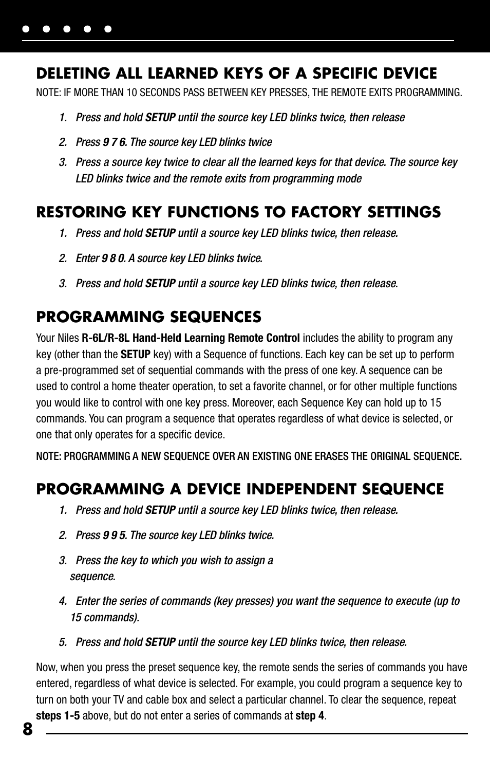 Deleting all learned keys of a specific device, Restoring key functions to factory settings, Programming sequences | Programming a device independent sequence | Niles Audio R-8L User Manual | Page 10 / 13