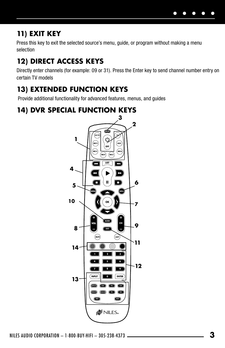 11) exit key, 12) direct access keys, 13) extended function keys | 14) dvr special function keys | Niles Audio R-8L User Manual | Page 5 / 13