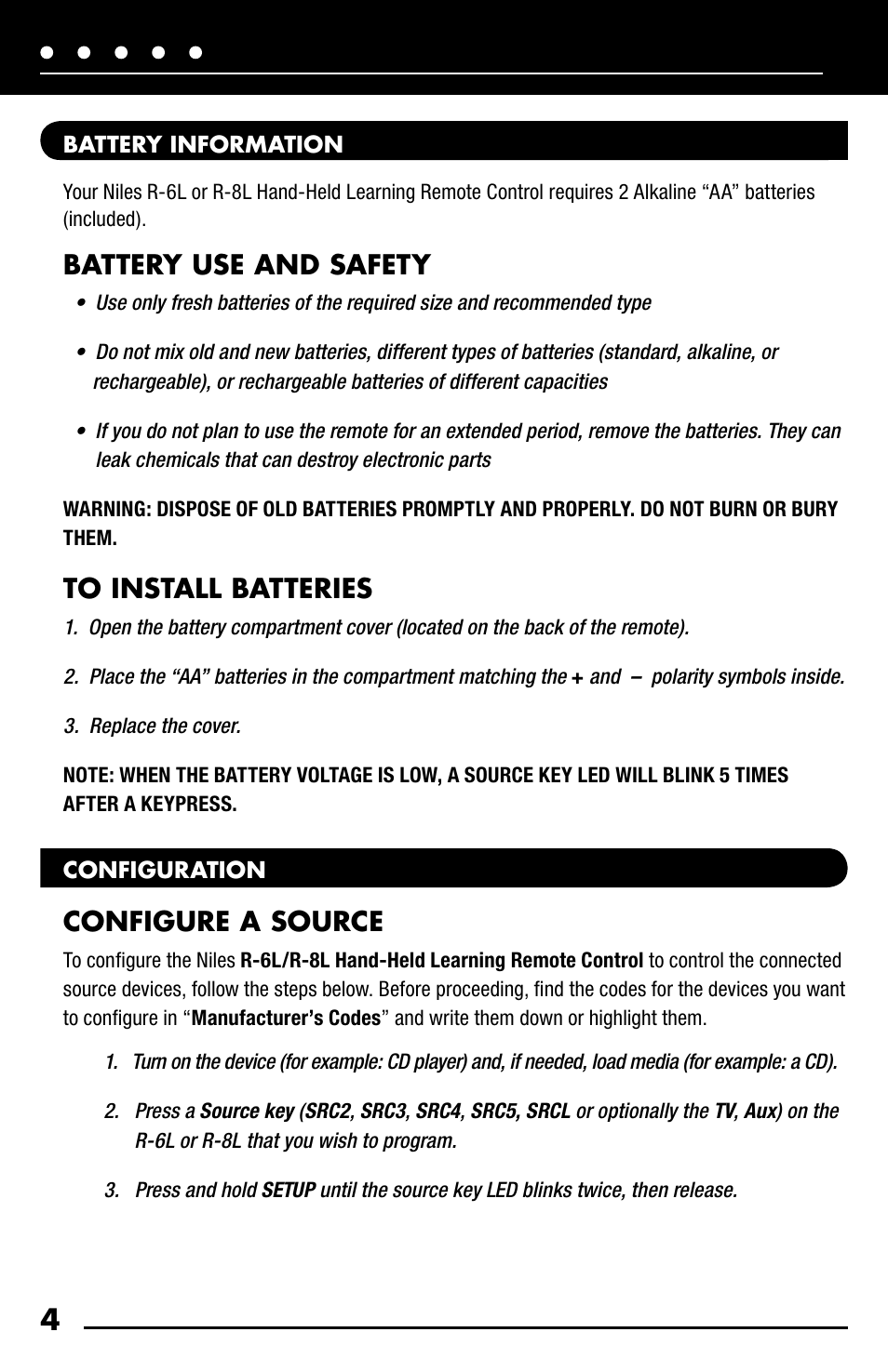 Battery use and safety, Configure a source | Niles Audio R-8L User Manual | Page 6 / 13