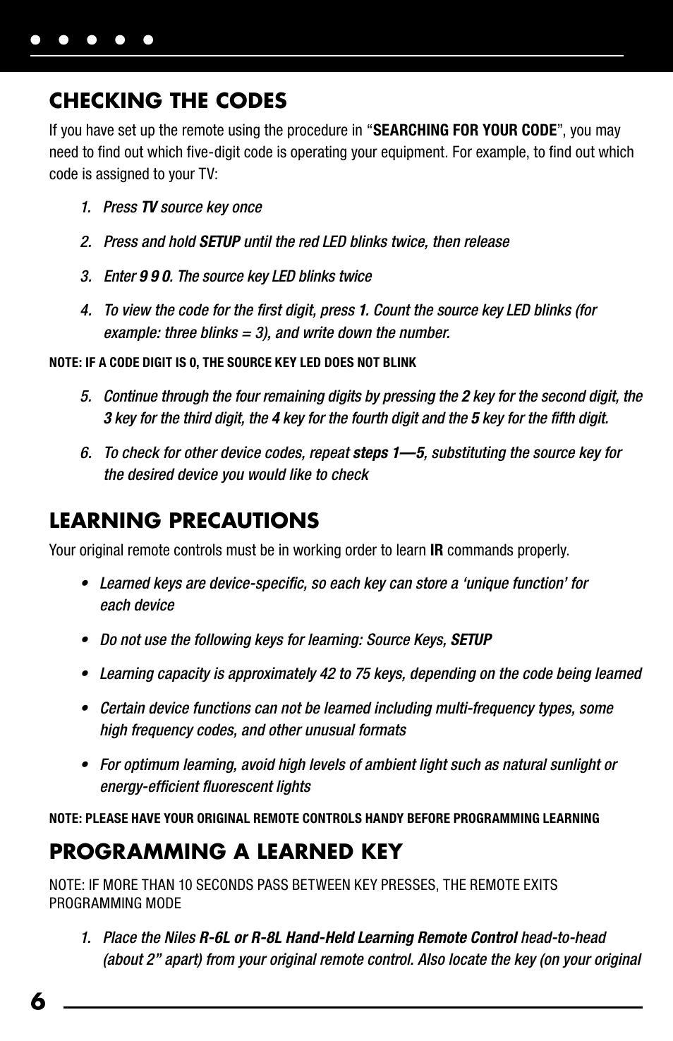 Checking the codes, Learning precautions, Programming a learned key | Niles Audio R-8L User Manual | Page 8 / 13