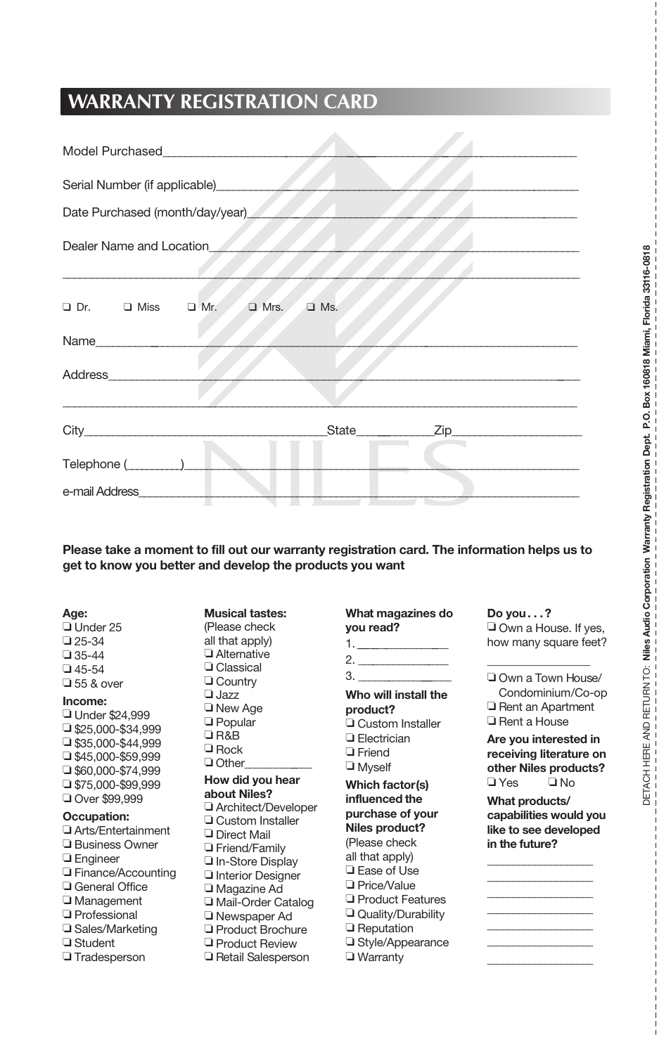 Warranty registration card | Niles Audio CORAL RS8SI User Manual | Page 22 / 24