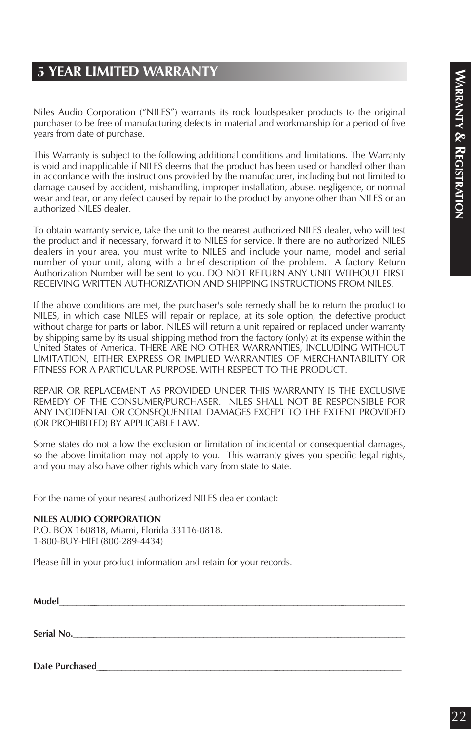 5 year limited warranty | Niles Audio CORAL RS8SI User Manual | Page 23 / 24