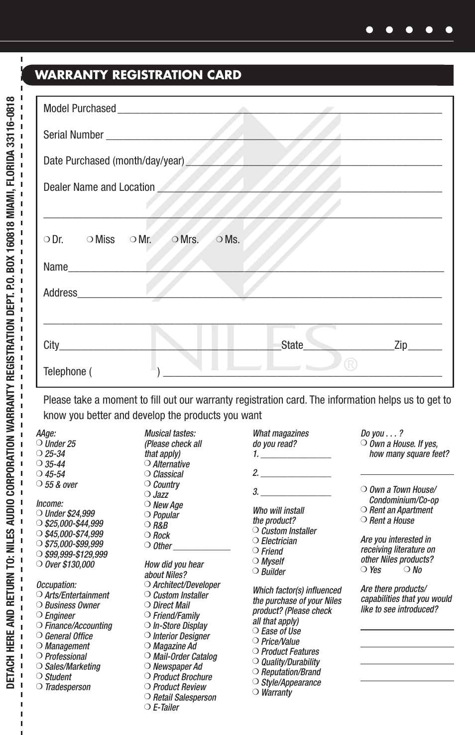 Warranty registration card | Niles Audio FM-1 User Manual | Page 11 / 12