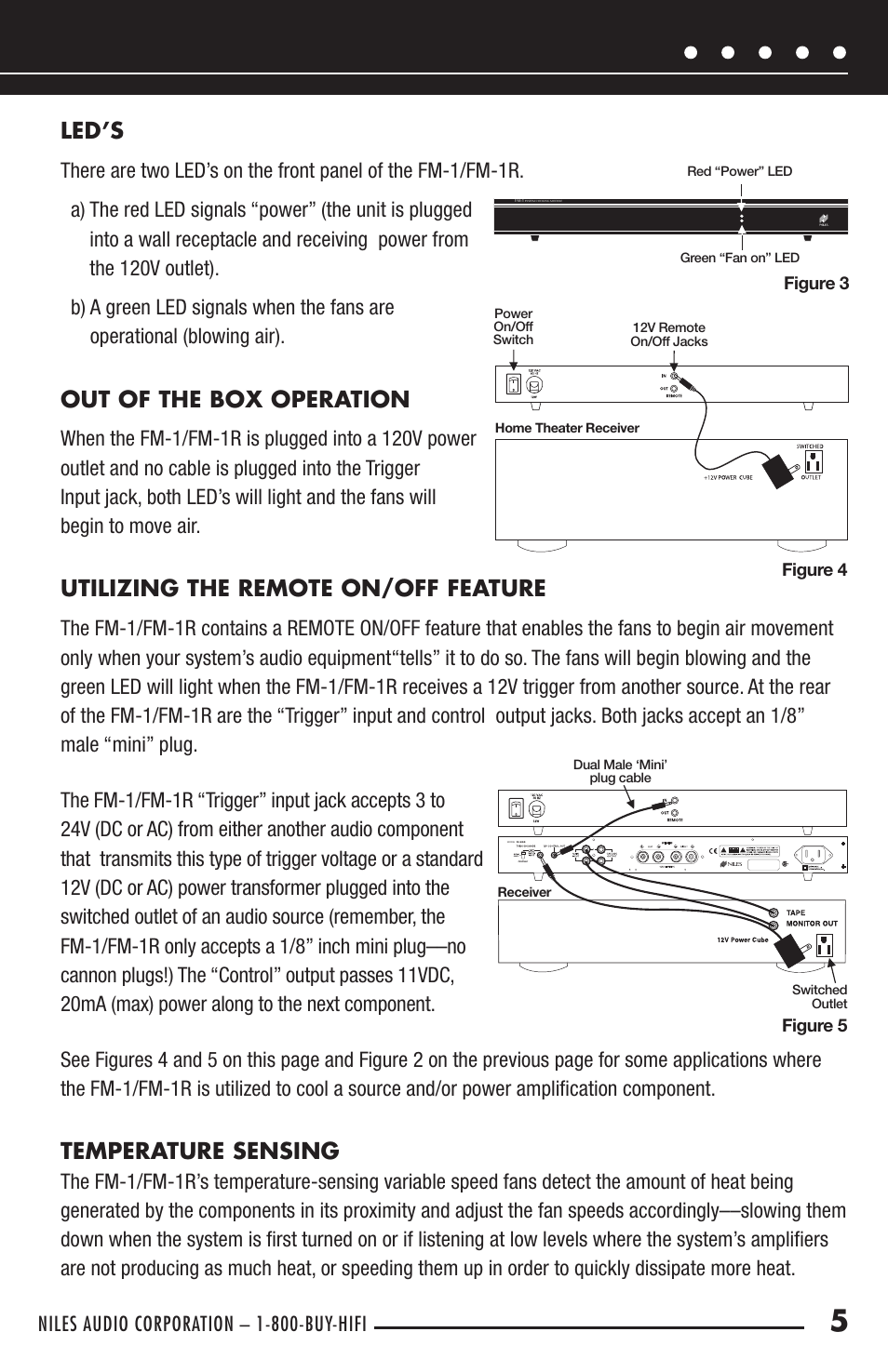 Led’s, Out of the box operation, Utilizing the remote on/off feature | Temperature sensing | Niles Audio FM-1 User Manual | Page 7 / 12