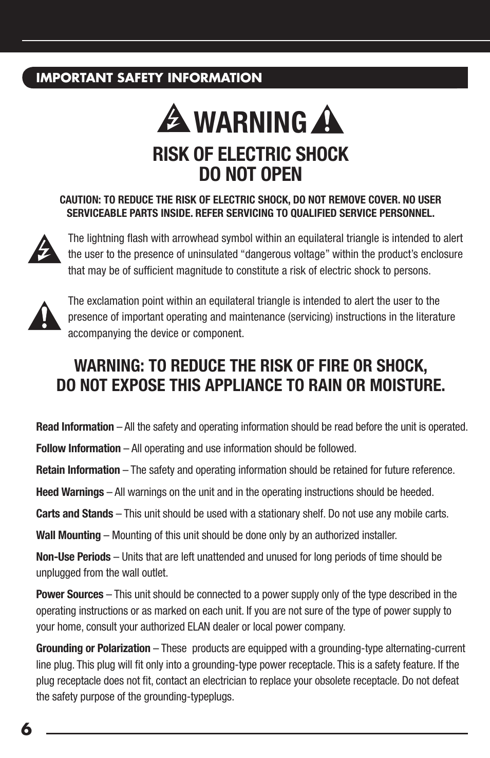 Warning, Risk of electric shock do not open | Niles Audio FM-1 User Manual | Page 8 / 12