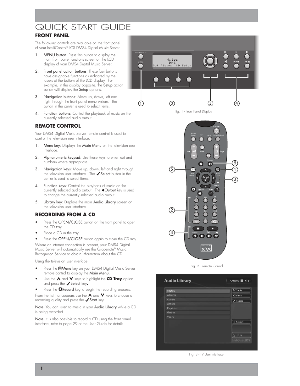 Quick start guide, Front panel, Remote control | Recording from a cd | Niles Audio INTELLICONTROL ICS DMS4 User Manual | Page 2 / 4