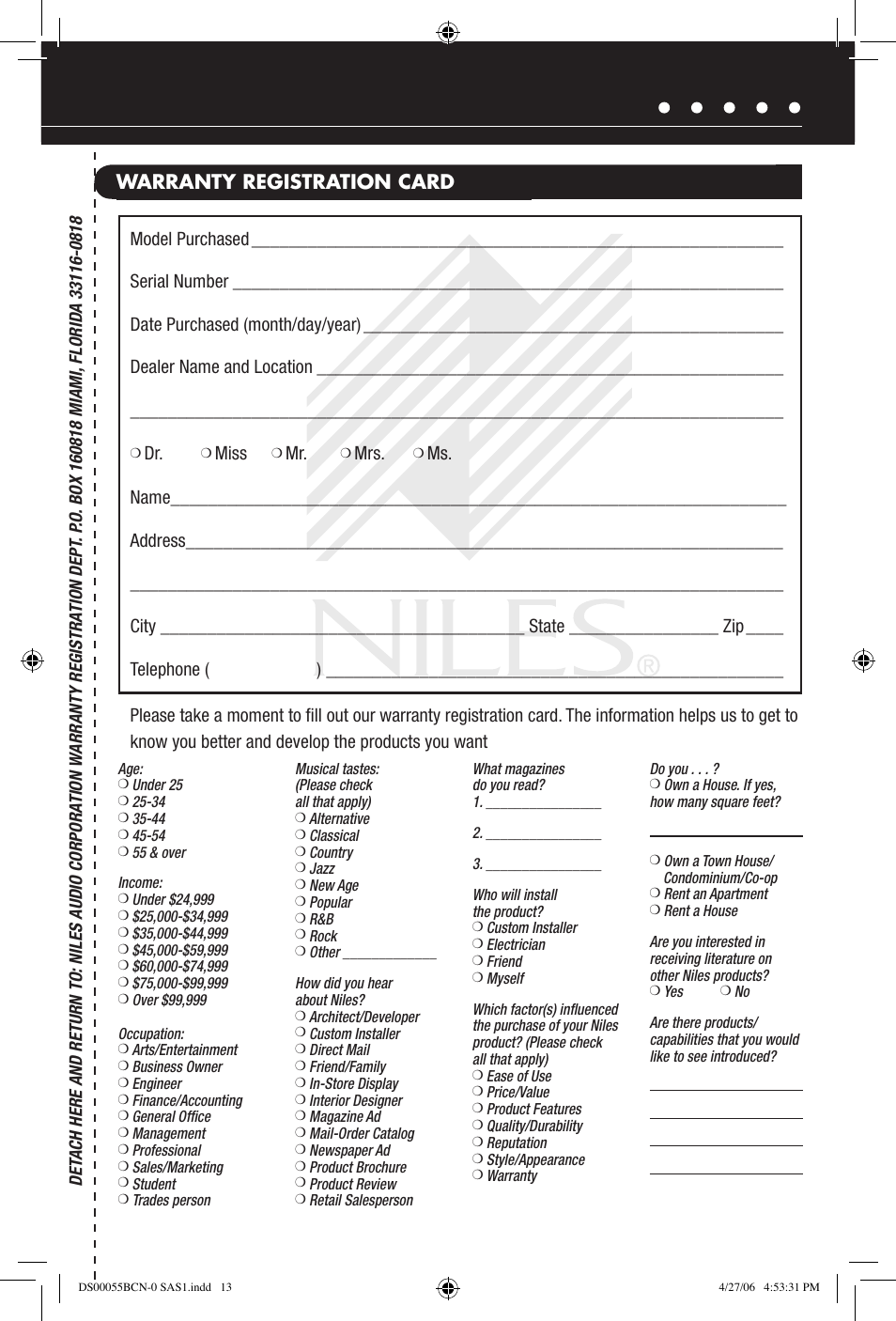 Warranty registration card | Niles Audio SAS-1 User Manual | Page 15 / 16