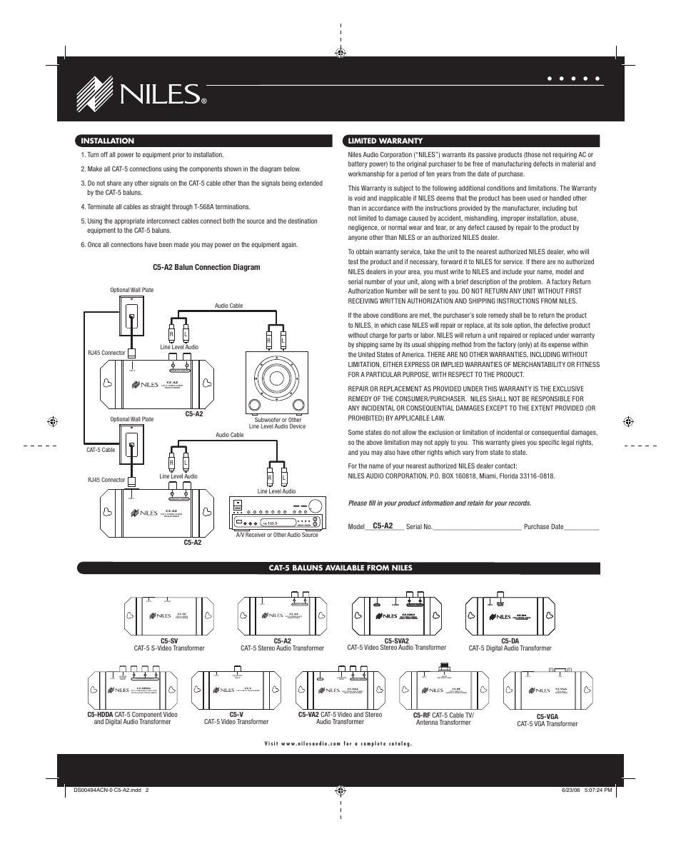 C5-a2 c5-a2 balun connection diagram, C5-va2 cat-5 video and stereo audio transformer, C5-rf cat-5 cable tv/ antenna transformer | C5-vga cat-5 vga transformer, C5-v cat-5 video transformer, C5-da cat-5 digital audio transformer, C5-sva2 cat-5 video stereo audio transformer, C5-a2 cat-5 stereo audio transformer, C5-sv cat-5 s-video transformer | Niles Audio C5-A2 User Manual | Page 3 / 3