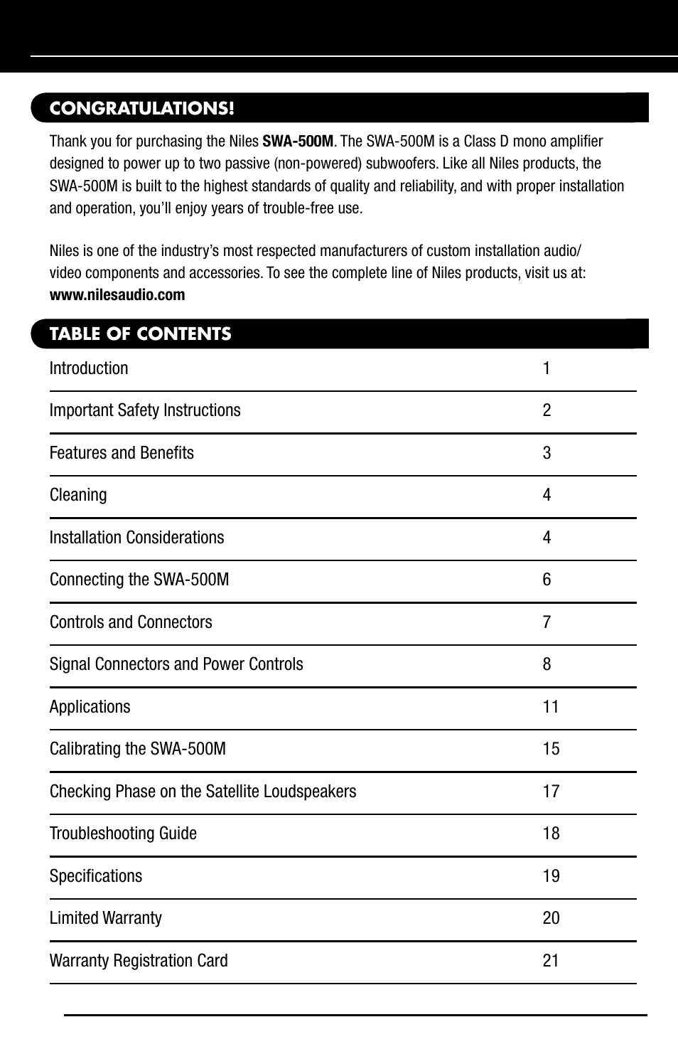 Niles Audio SWA-500M User Manual | Page 2 / 24