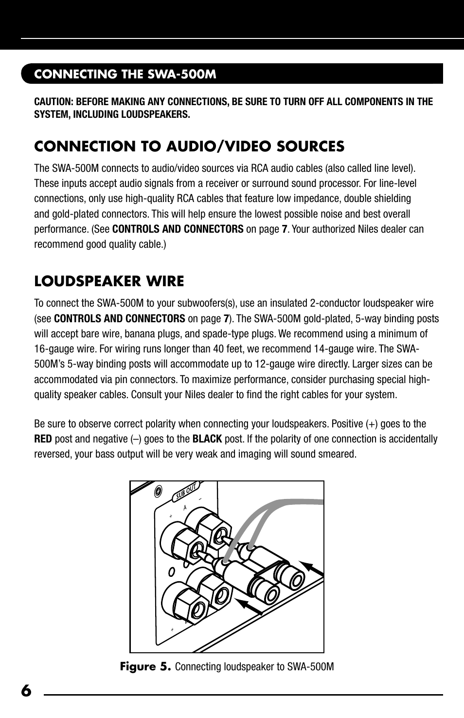 Connection to audio/video sources, Loudspeaker wire | Niles Audio SWA-500M User Manual | Page 8 / 24