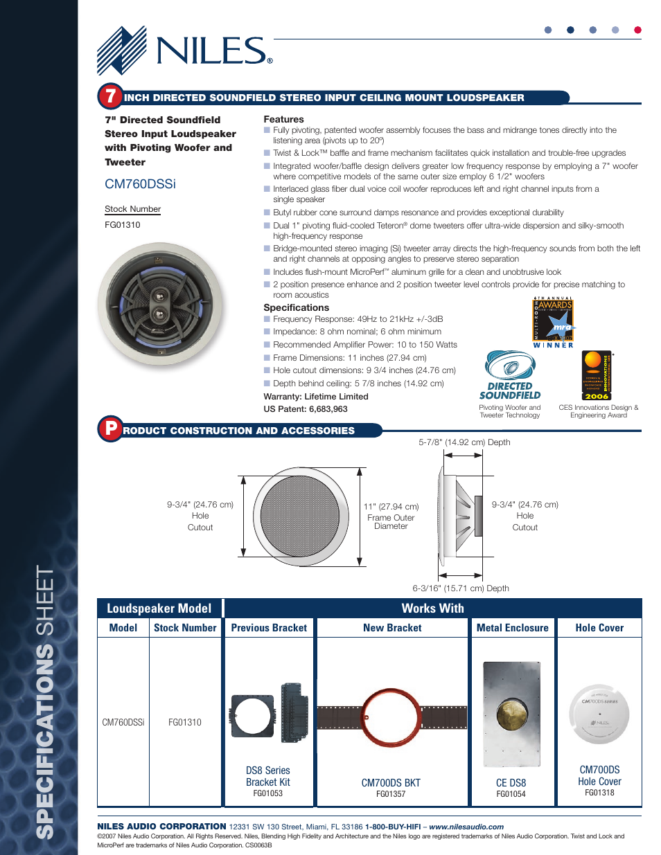 Specifica tions sheet, Cm760dssi, Loudspeaker model works with | Niles Audio CM760DSSi User Manual | Page 2 / 2