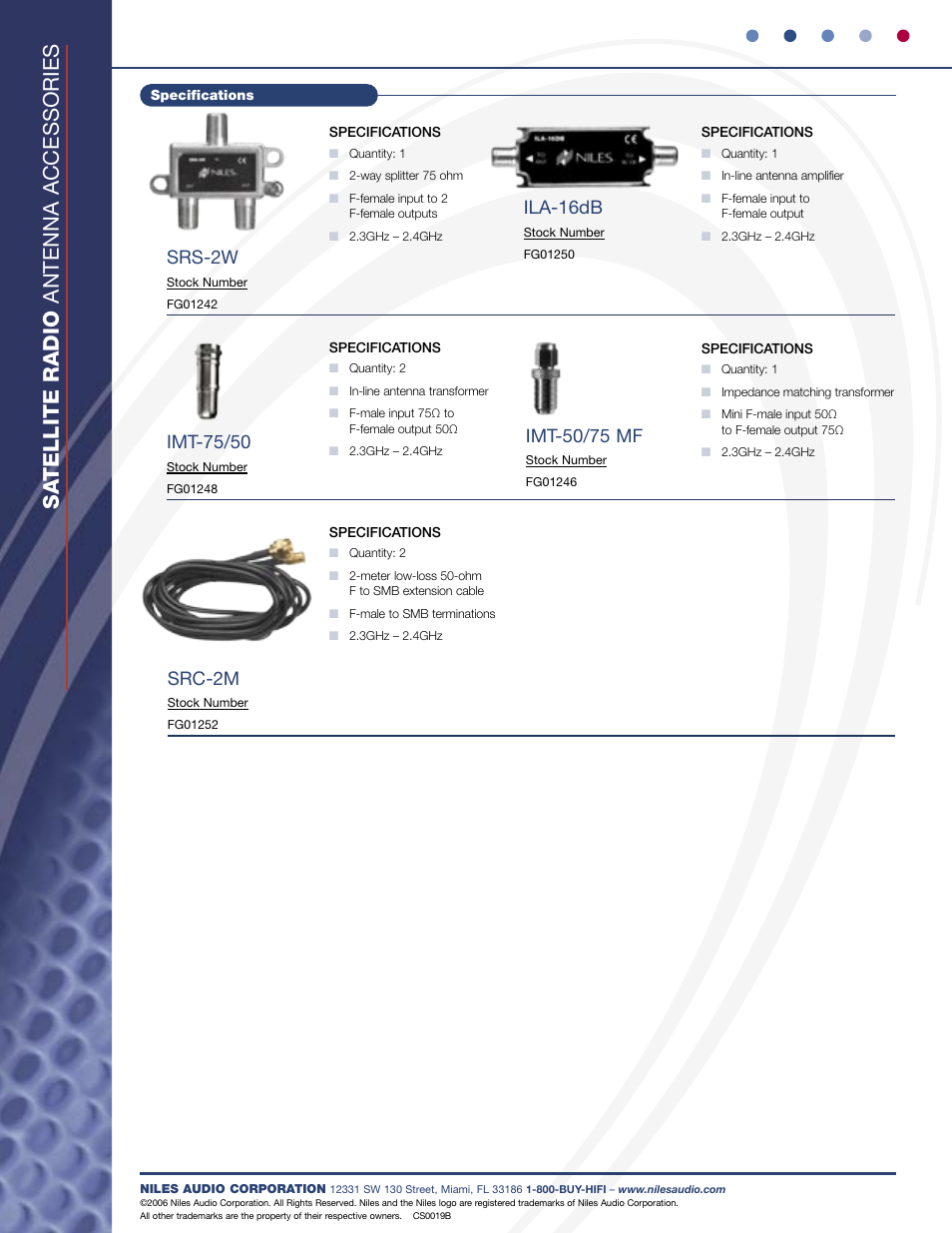 Sa tellite radio antenna accessories, Imt-50/75 mf, Imt-75/50 | Src-2m, Srs-2w, Ila-16db | Niles Audio SRK-2W User Manual | Page 3 / 3