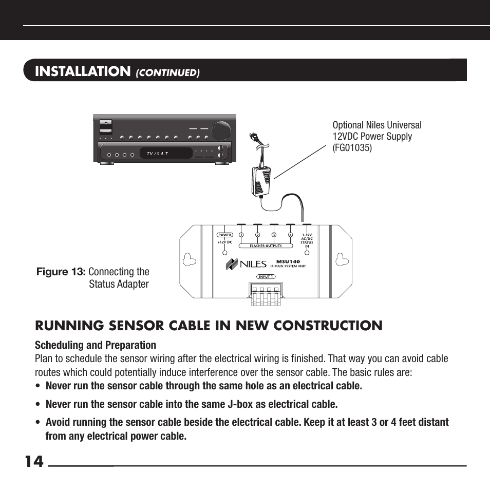 Installation, Running sensor cable in new construction | Niles Audio RCA-TT User Manual | Page 16 / 24