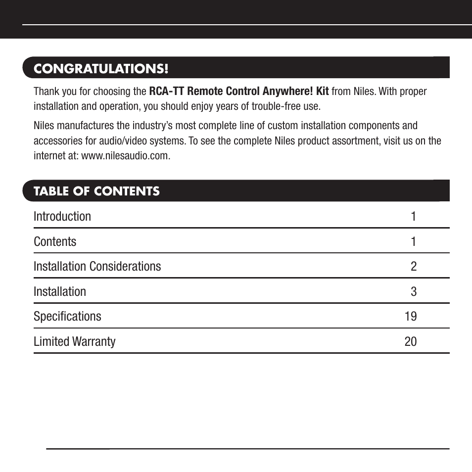 Niles Audio RCA-TT User Manual | Page 2 / 24