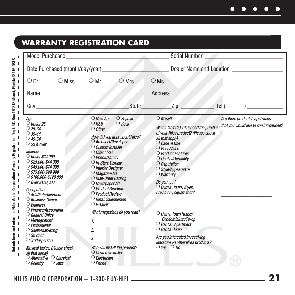 Warranty registration card, Niles audio corporation – 1-800-buy-hifi | Niles Audio RCA-TT User Manual | Page 23 / 24