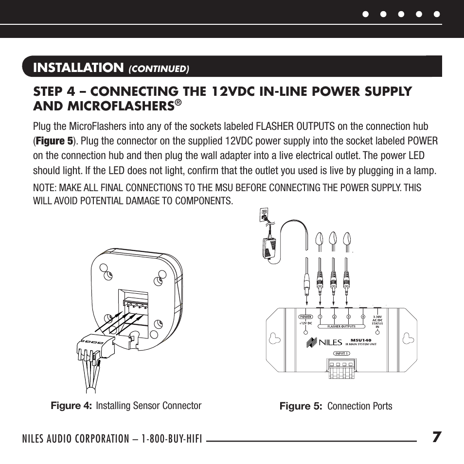 Installation, Niles audio corporation – 1-800-buy-hifi, Installing sensor connector | Niles Audio RCA-TT User Manual | Page 9 / 24