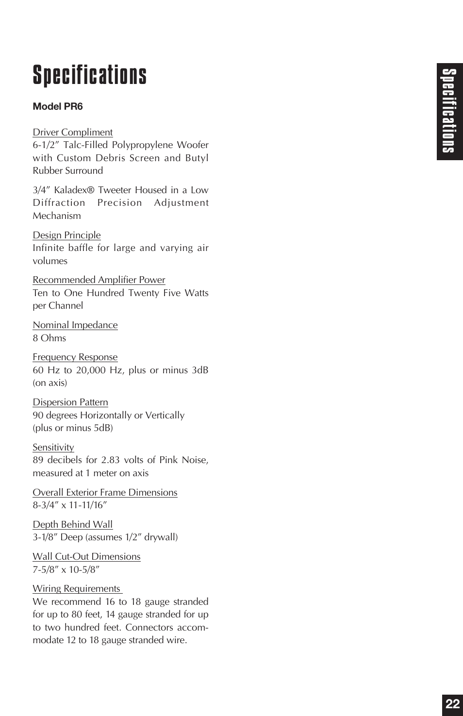 Specifications, Specifica tions | Niles Audio PR5 User Manual | Page 11 / 28