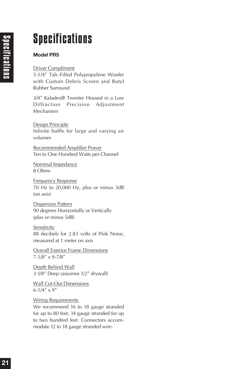 Specifications, Specifica tions | Niles Audio PR5 User Manual | Page 12 / 28