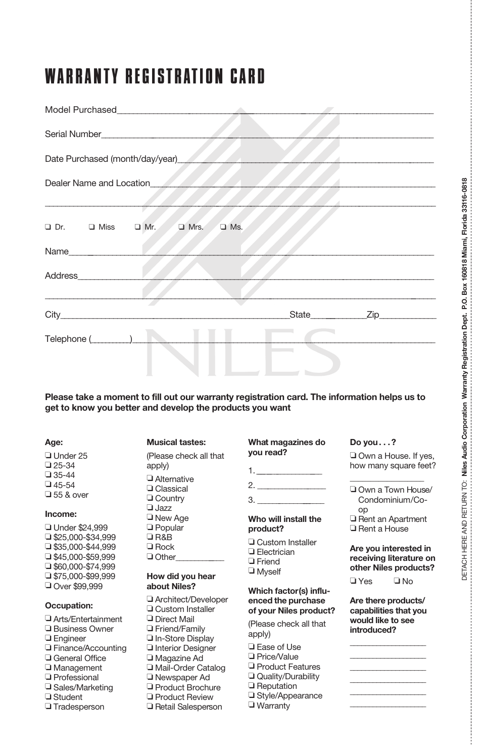 Warranty registration card | Niles Audio PR5 User Manual | Page 4 / 28