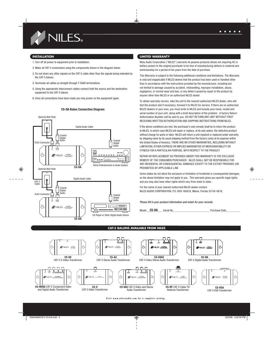C5-da c5-da balun connection diagram, Cat-5 baluns available from niles, C5-va2 cat-5 video and stereo audio transformer | C5-rf cat-5 cable tv/ antenna transformer, C5-vga cat-5 vga transformer, C5-v cat-5 video transformer, C5-da cat-5 digital audio transformer, C5-sva2 cat-5 video stereo audio transformer, C5-a2 cat-5 stereo audio transformer, C5-sv cat-5 s-video transformer | Niles Audio C5-DA User Manual | Page 3 / 3