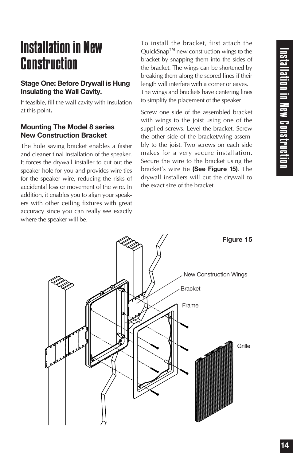 Installation in new construction, Ins talla tion in ne w cons tr uc tion | Niles Audio PSW8 User Manual | Page 15 / 28