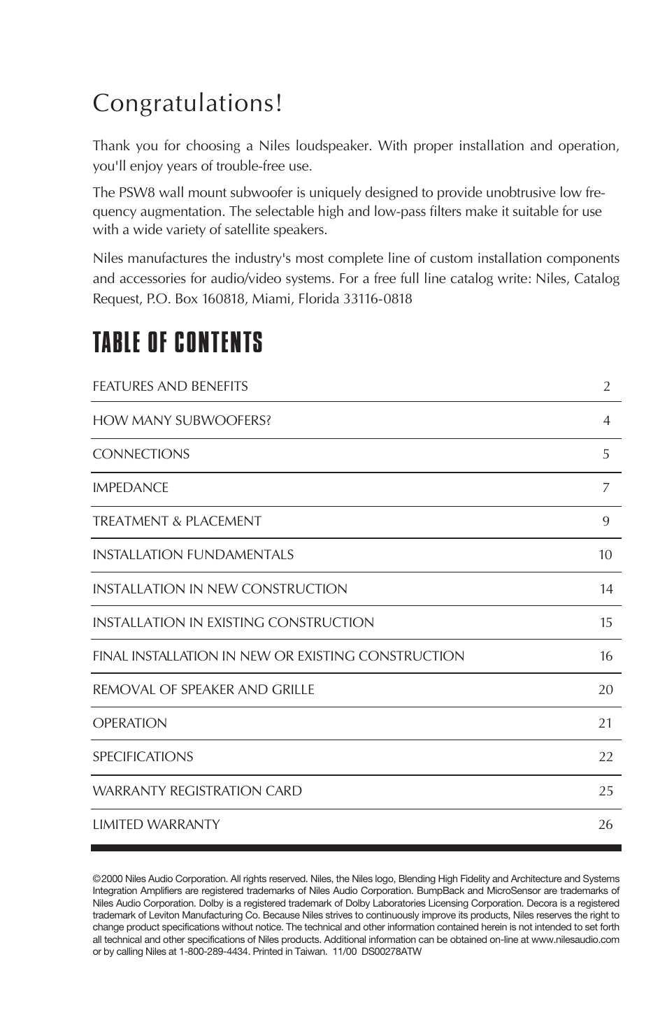 Niles Audio PSW8 User Manual | Page 2 / 28