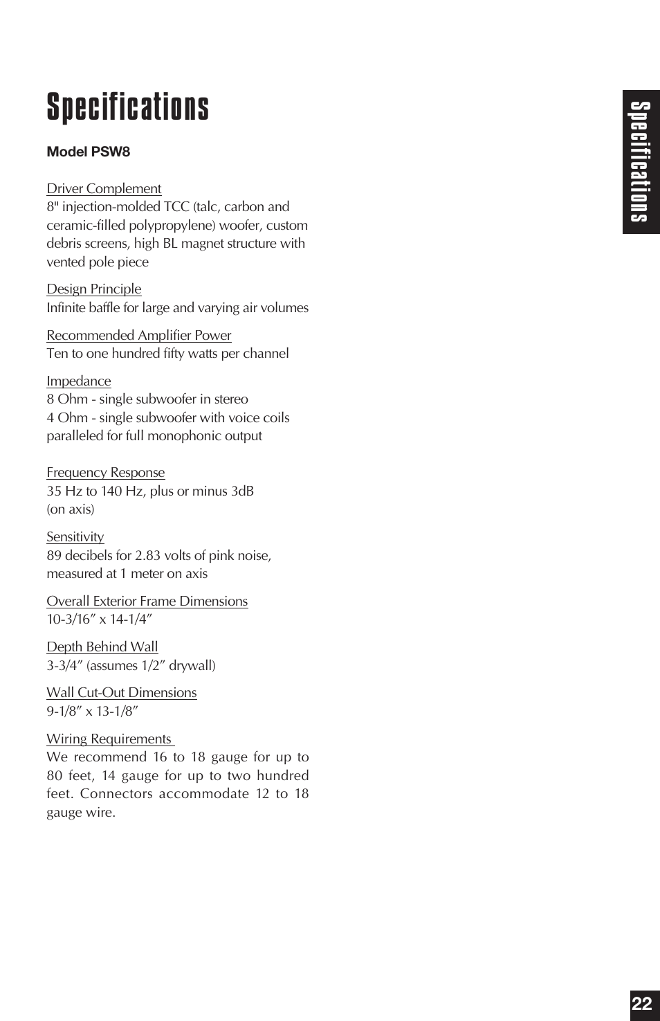 Specifications, Specifica tions | Niles Audio PSW8 User Manual | Page 23 / 28