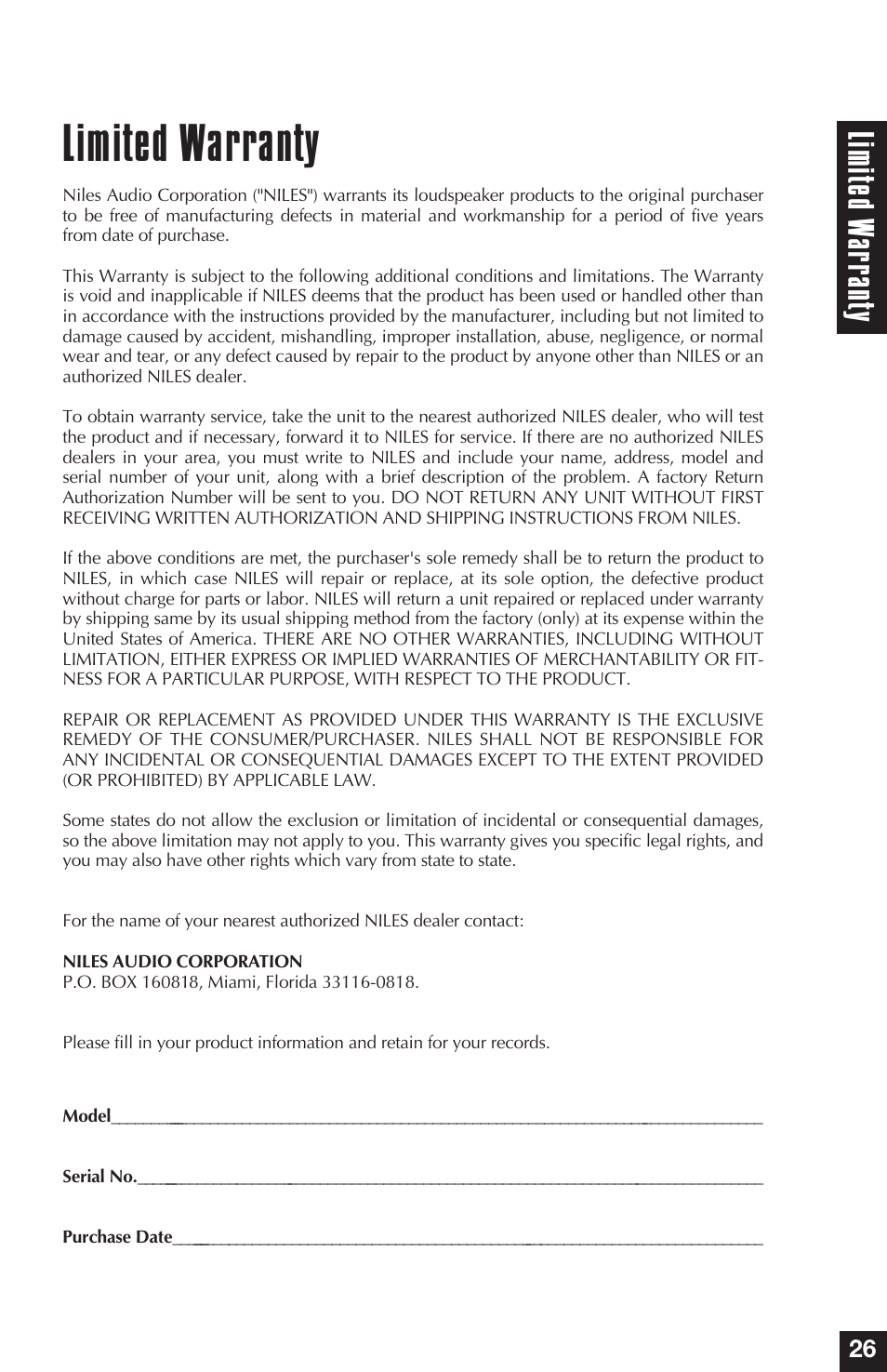Limited warranty, Limit ed w arr an ty | Niles Audio PSW8 User Manual | Page 27 / 28